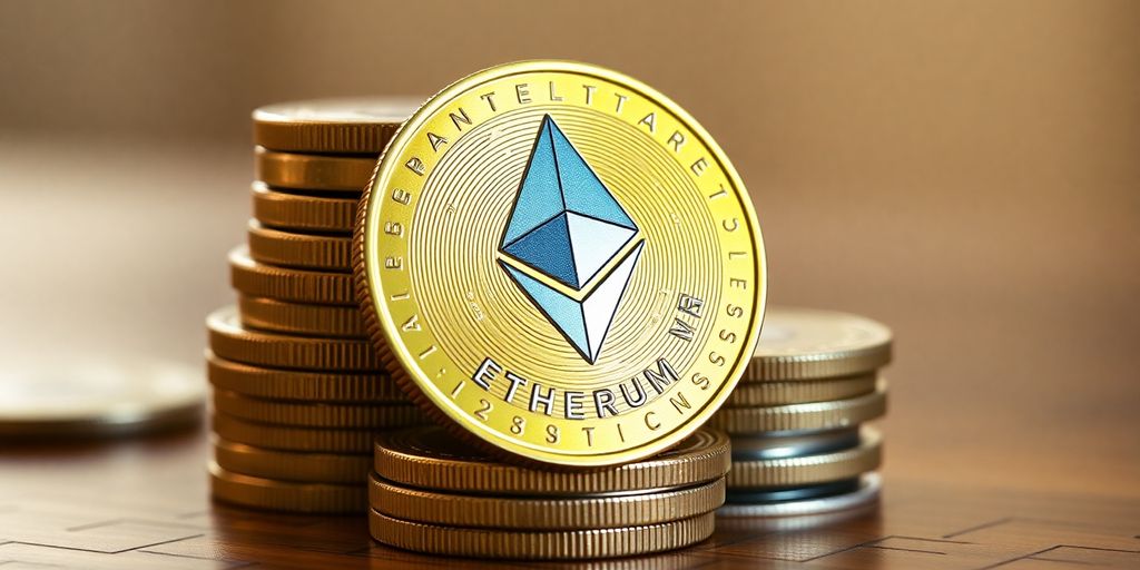 Close-up of Ethereum coins on a wooden surface.