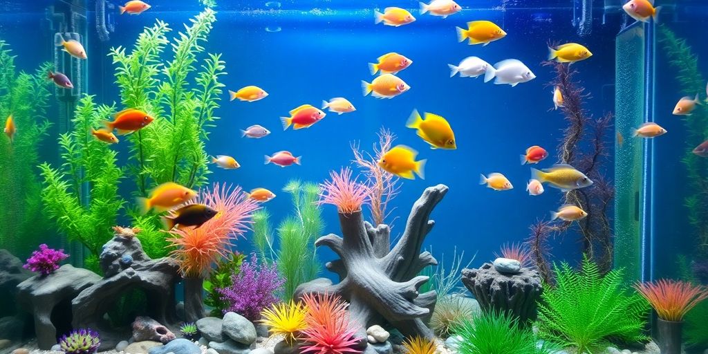色彩斑斓的水族箱，里面有鱼和清水中的植物。