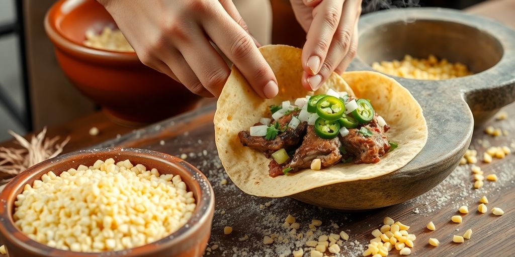 Hands folding a corn tortilla filled with meat and toppings