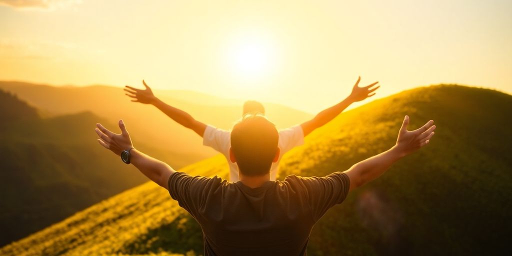 Person reaching for a golden glowing sun.