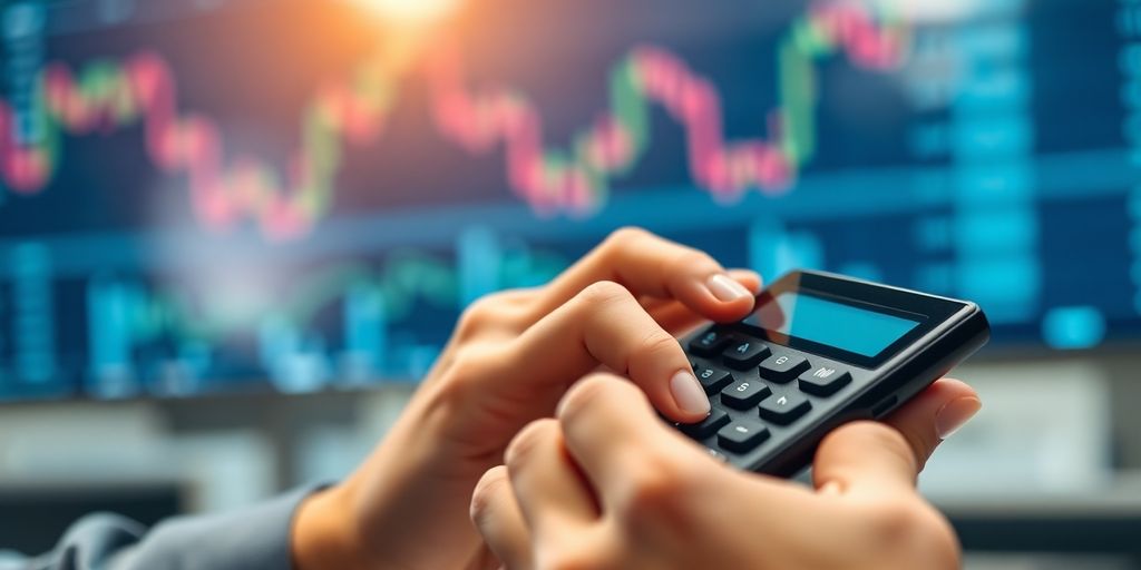 Person using calculator on trading desk.