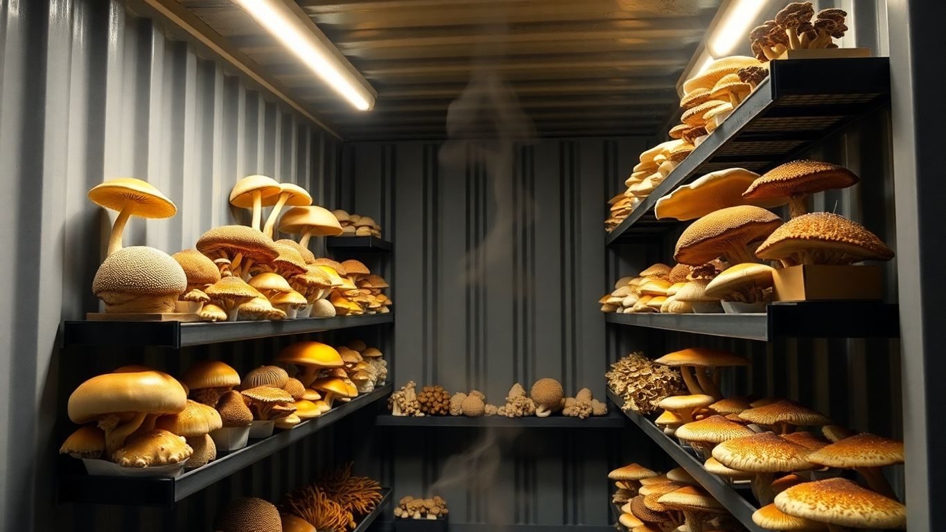Mushrooms growing inside shipping container farm.