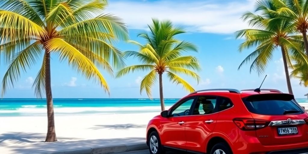 Bunter Mietwagen am Strand von Cancun unter Palmen.