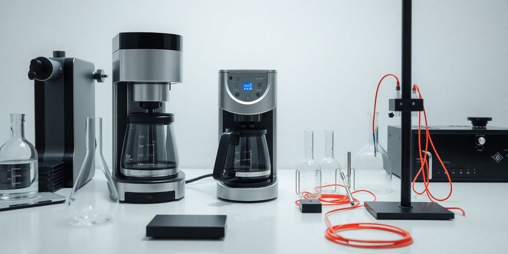 Coffee maker on a test bench, wires, beakers.