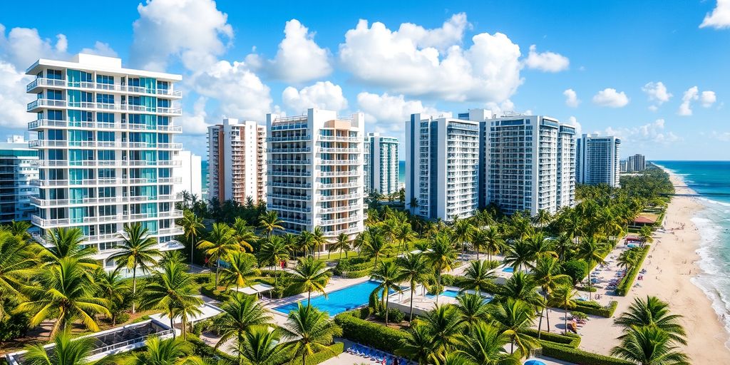 Upscale condos in Sunny Isles with beach and palm trees.