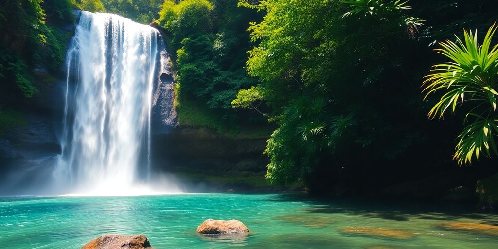 Jungle waterfall cascades into clear pool, lush green foliage.