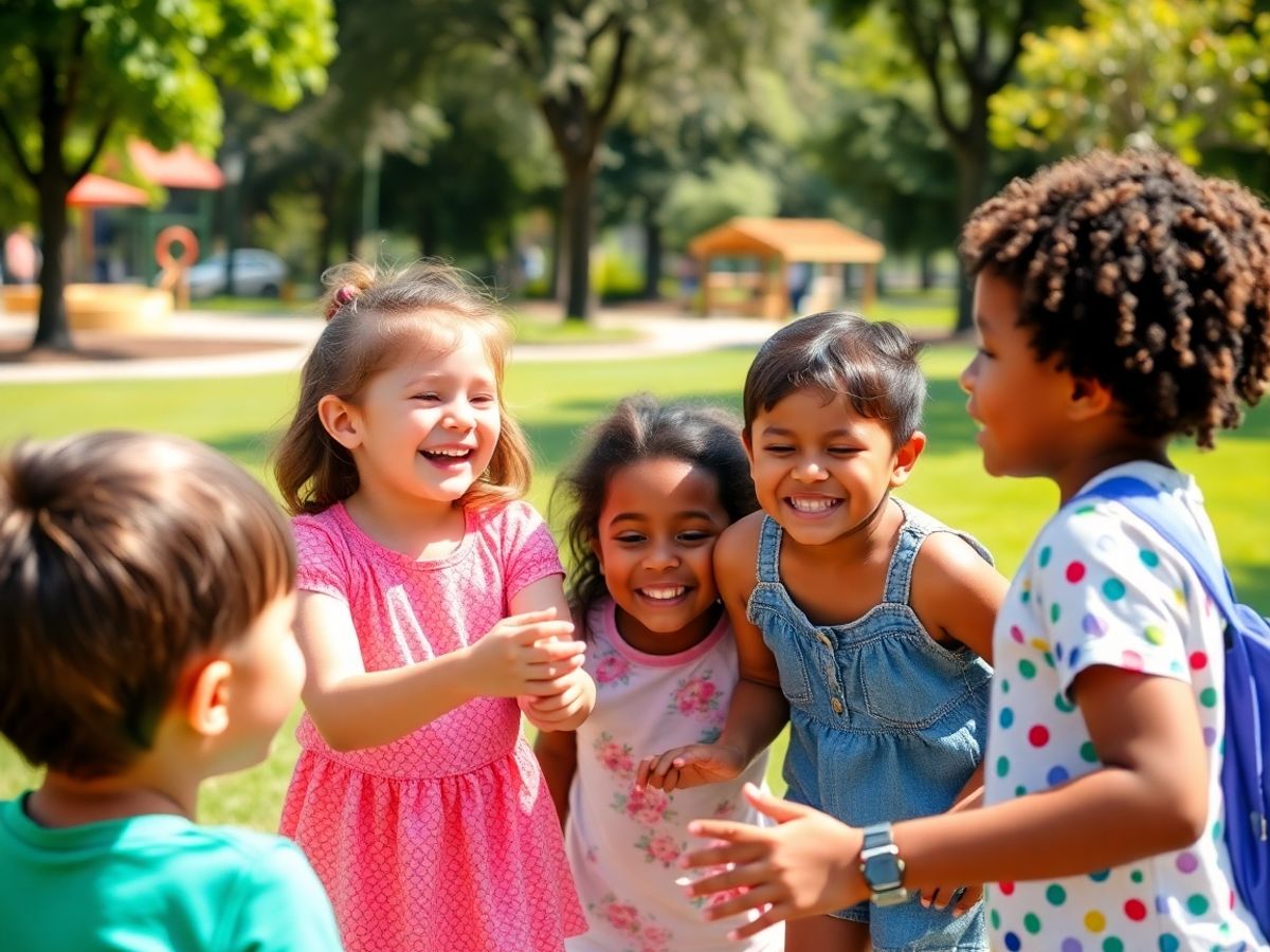 Copii jucându-se și zâmbind în parc.