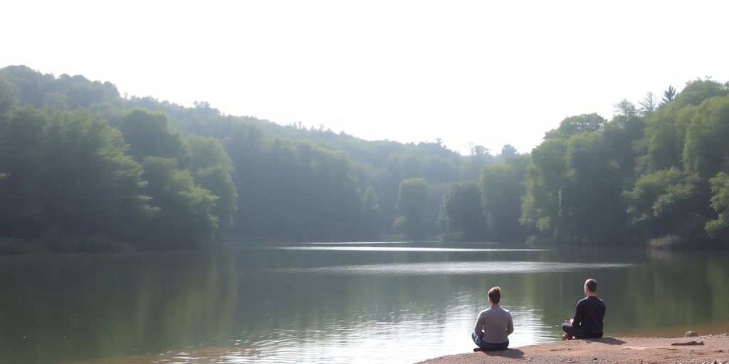 Person meditating by a calm lake in nature.