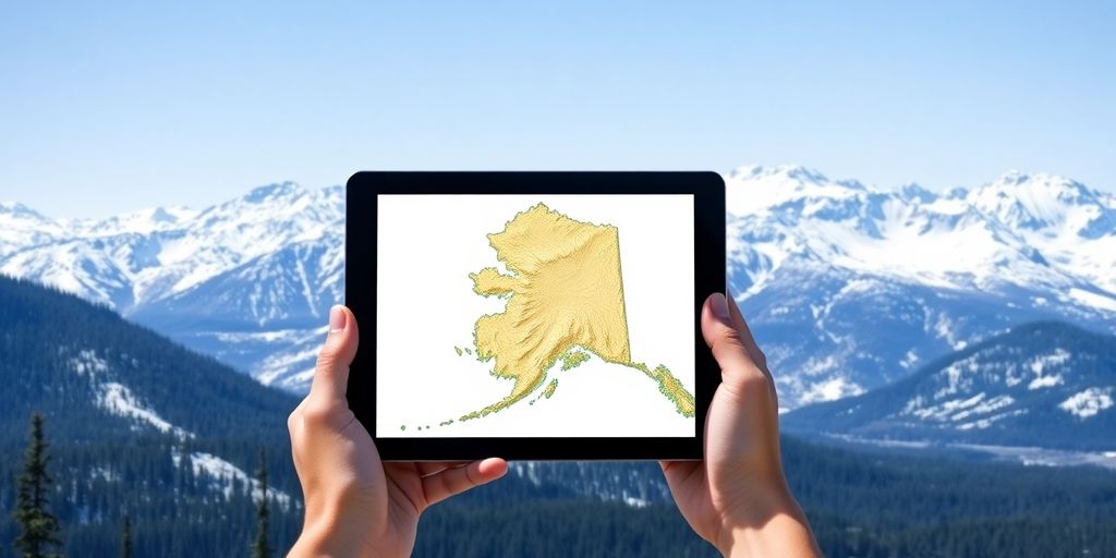 Hands holding a tablet with a map of Alaska mountains.