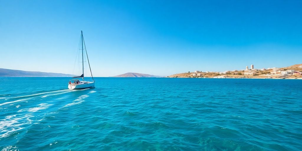 Sailboat on calm turquoise water near Greek island.