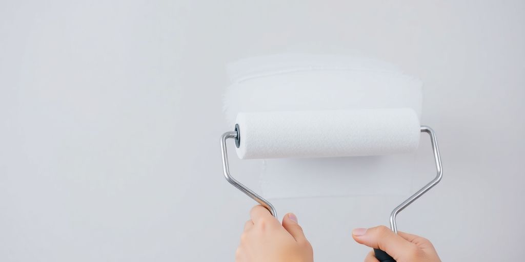 Workman painting a wall white.