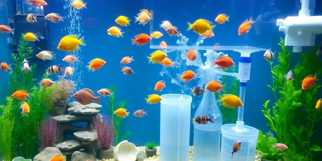 Acuario colorido con peces y accesorios esenciales.