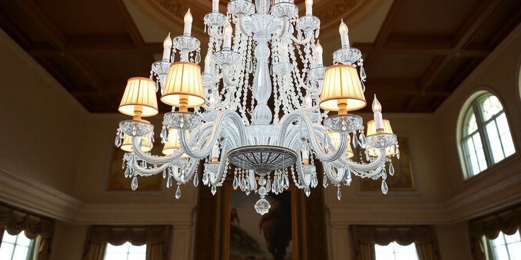 Luxurious chandelier with decorative lamp shades.
