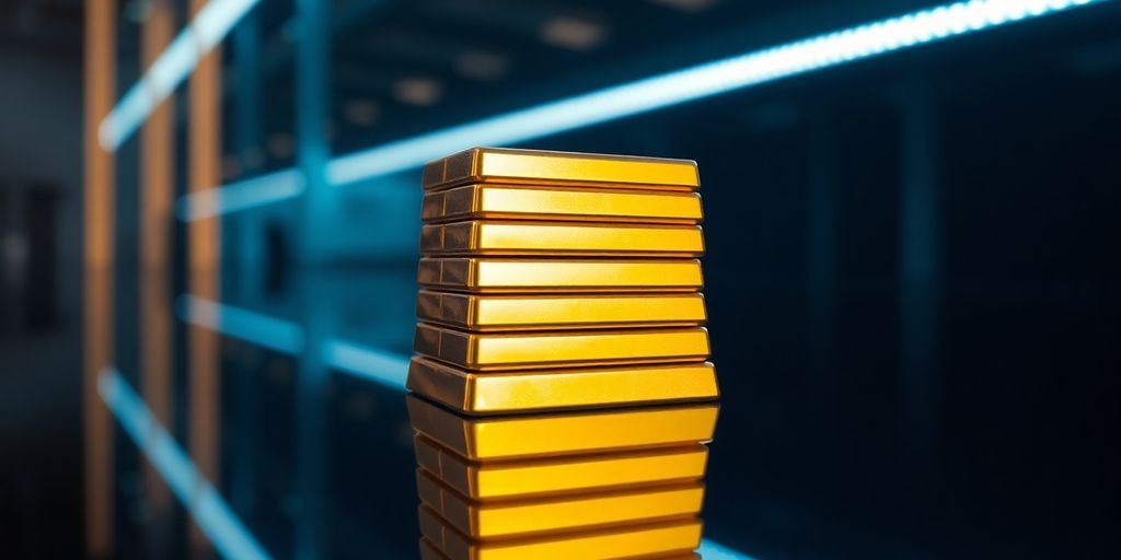 Barres d'or empilées sur surface noire avec éclairage LED subtil