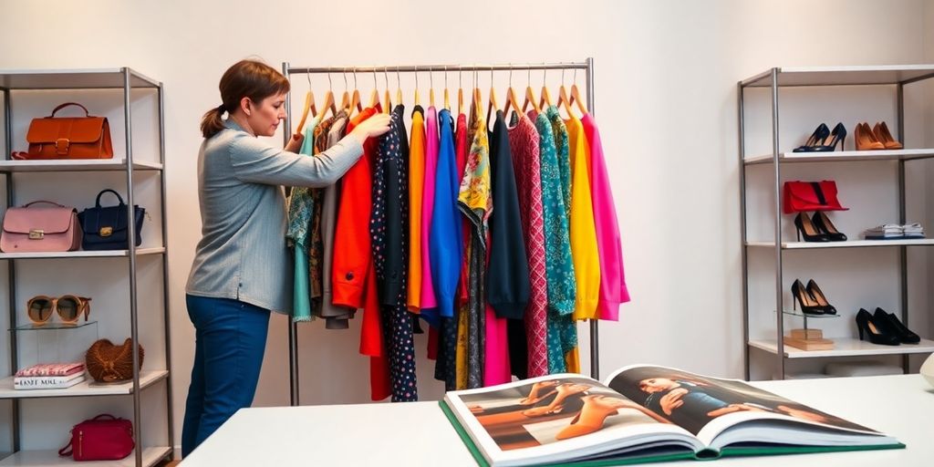 Stylist carefully arranging clothes for photo shoot.