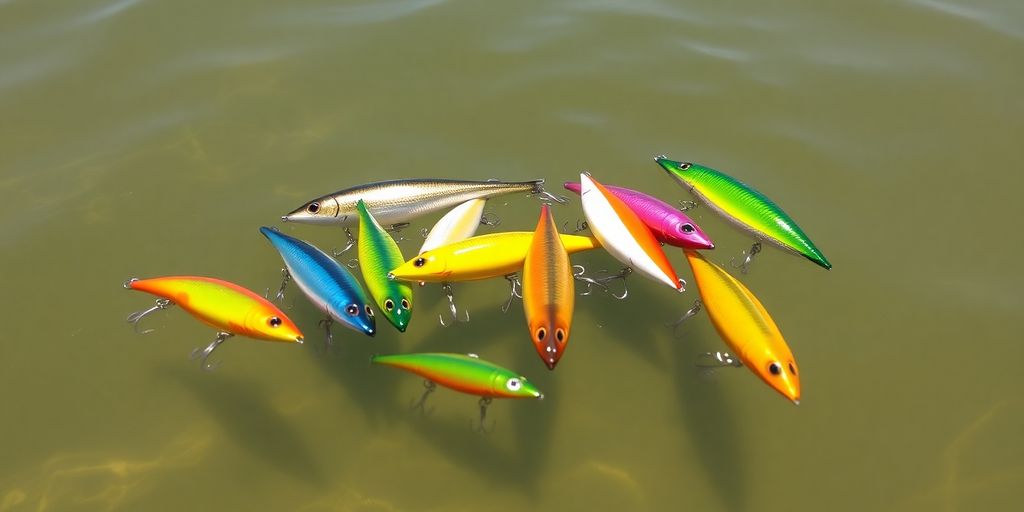 Colorful fishing lures floating on water.