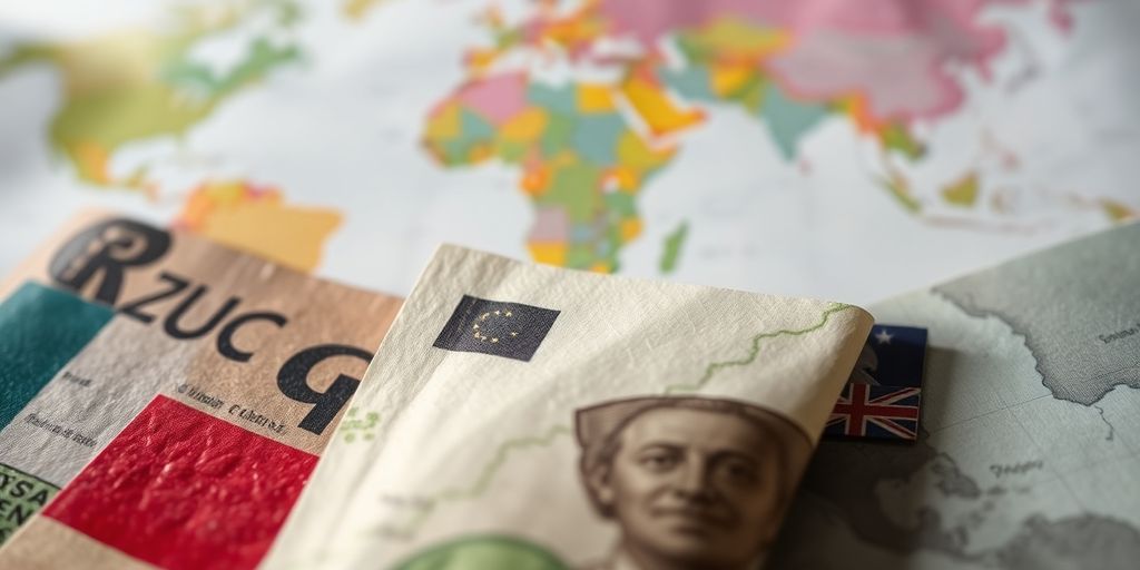 Currency symbols. World map.