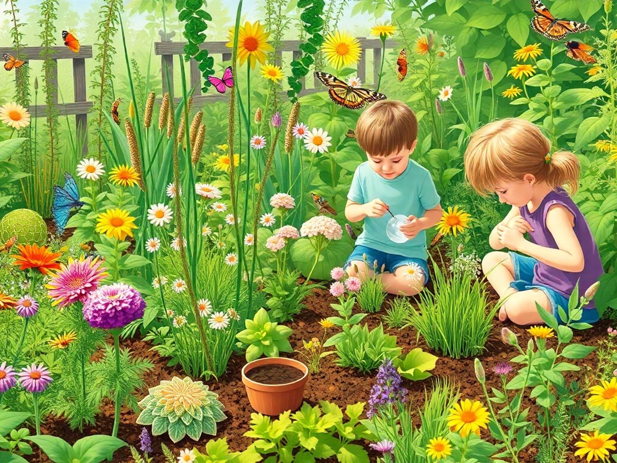 Grădina plină de plante și copii explorând natura.