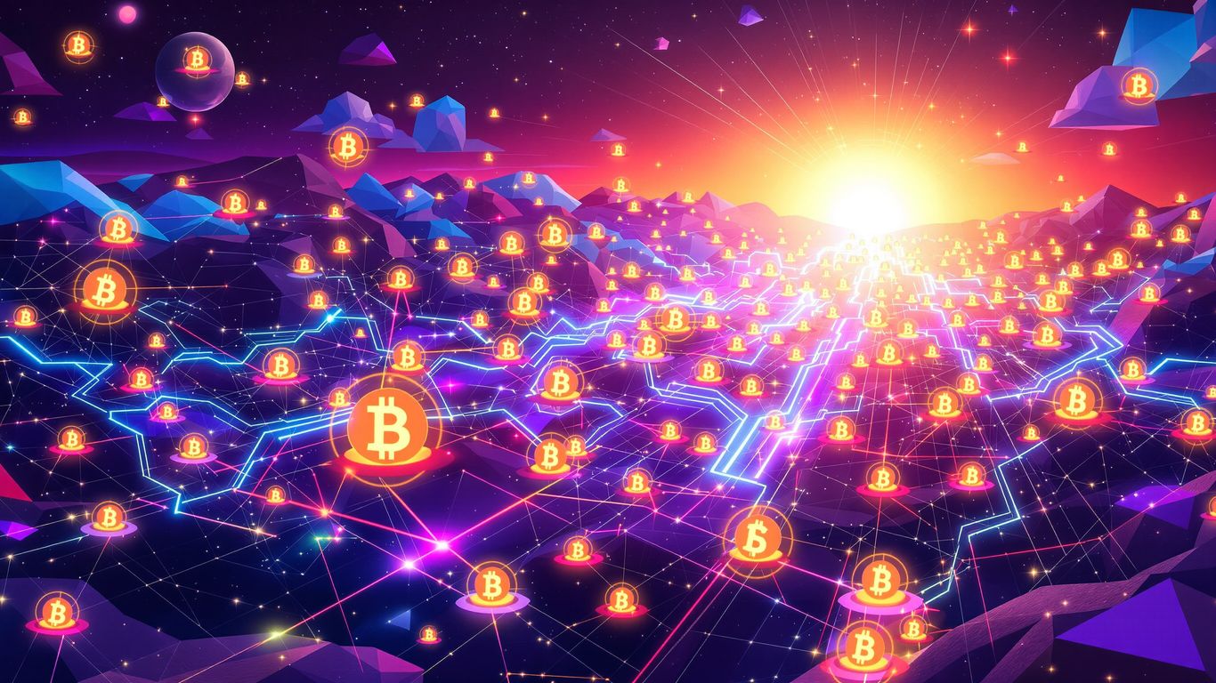 Digital tokens flowing into wallet icons, bright light.