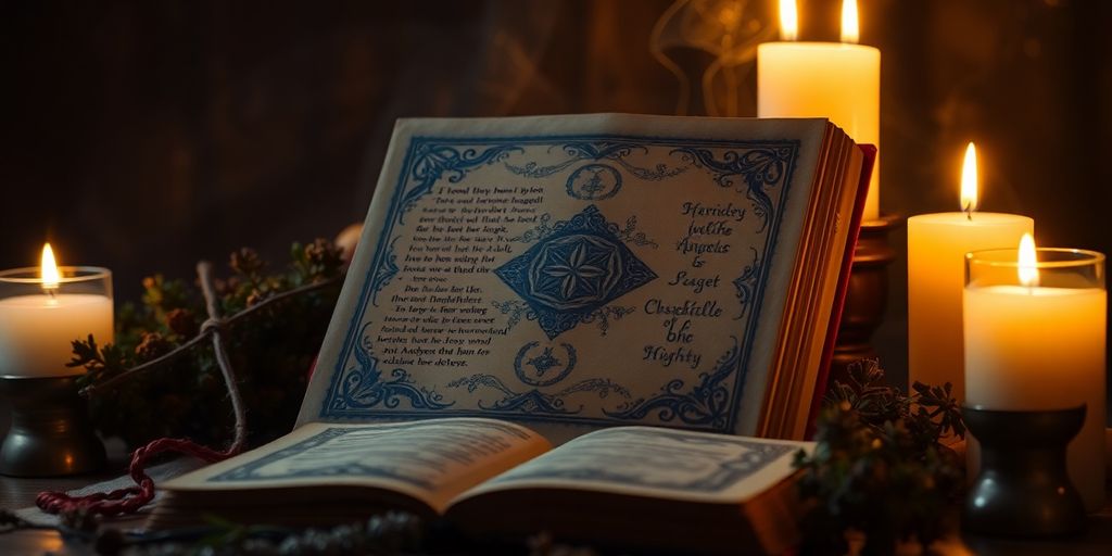 Livro de feitiços em ambiente místico com velas e ervas.