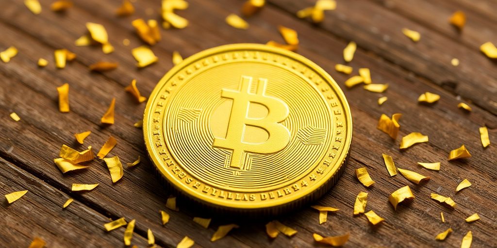 Close-up of a Dallas Gold Coin and gold flakes.