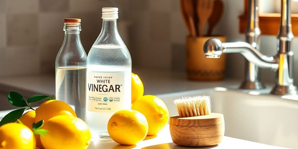 Sparkling clean kitchen counter with lemons and vinegar.