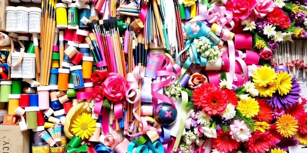 Colorful craft supplies arranged attractively.