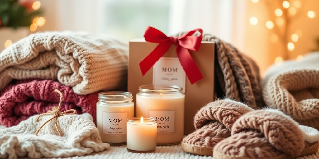 Cozy gifts for mom including blankets and slippers.
