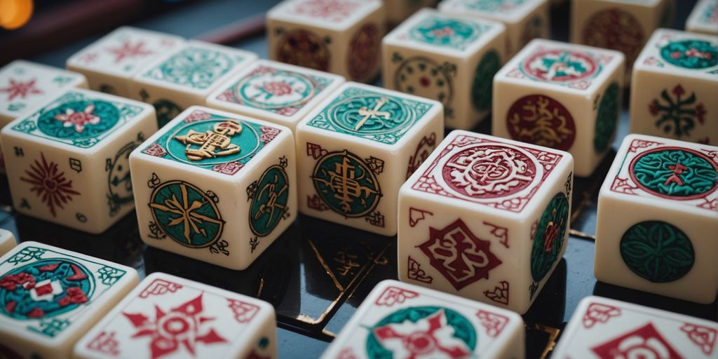 Fantasy-themed mahjong tiles with intricate designs and symbols.