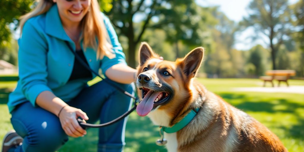 Happy dog and trainer in Paddington park.