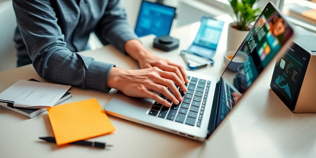 Person working on a laptop with digital tools.
