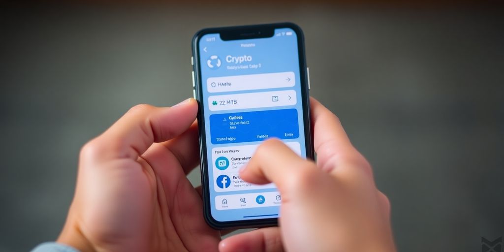 Green robot hand holding smartphone with app.