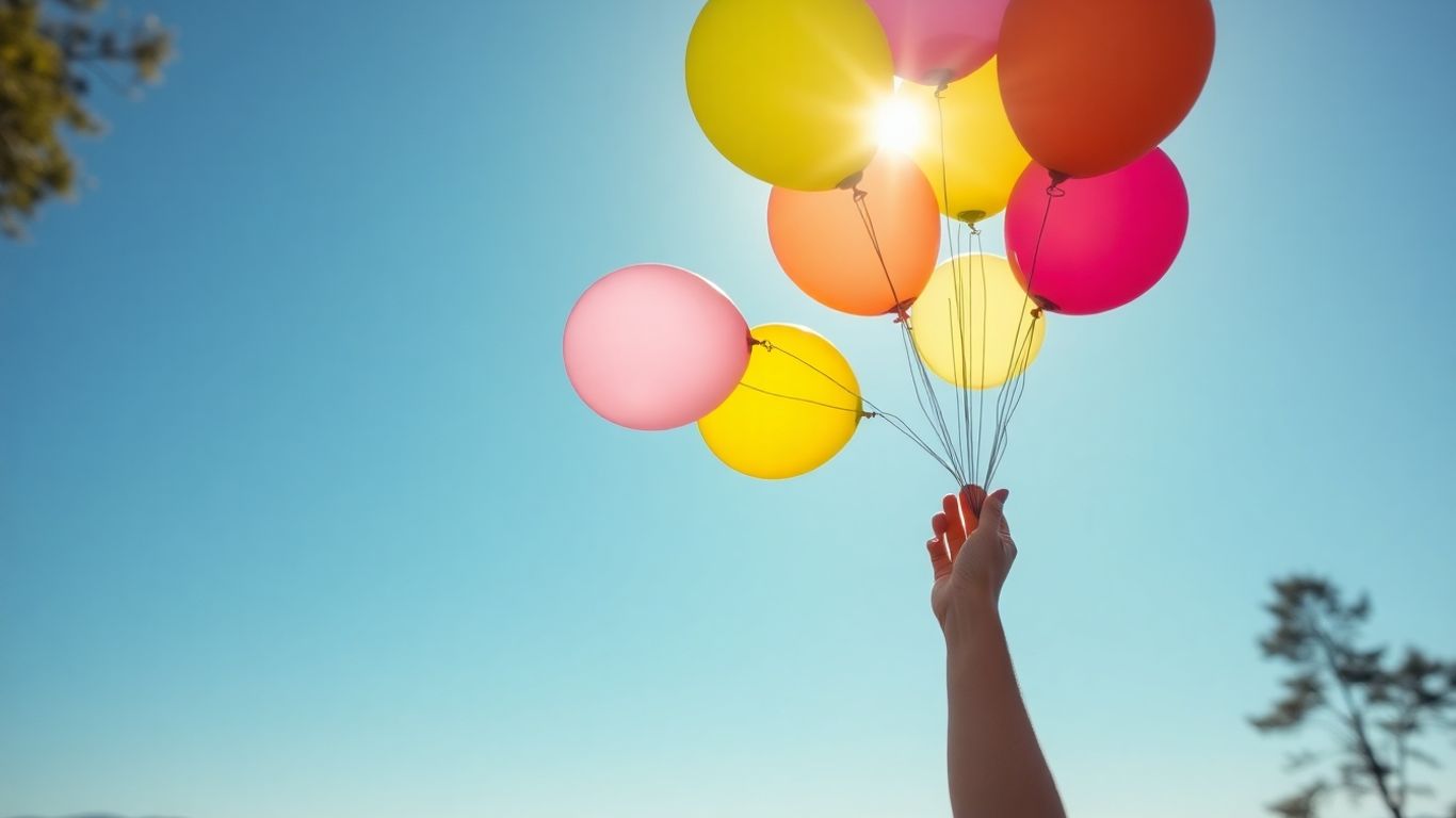 Personne lâchant des ballons colorés dans un ciel bleu clair.