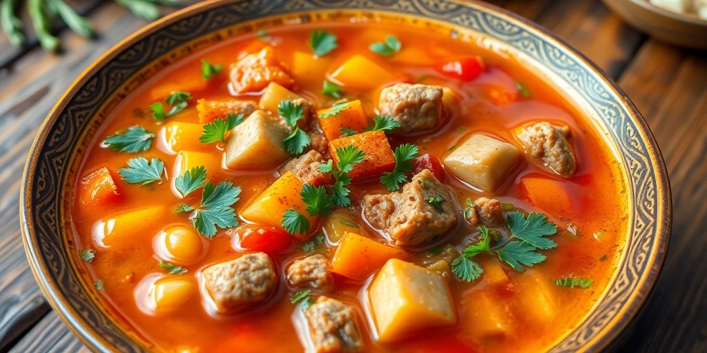 Bowl of Shorba soup with herbs and vegetables.