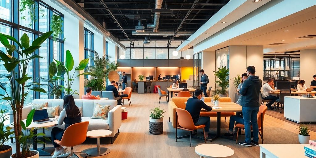Dynamic coworking space with modern design and collaboration areas.