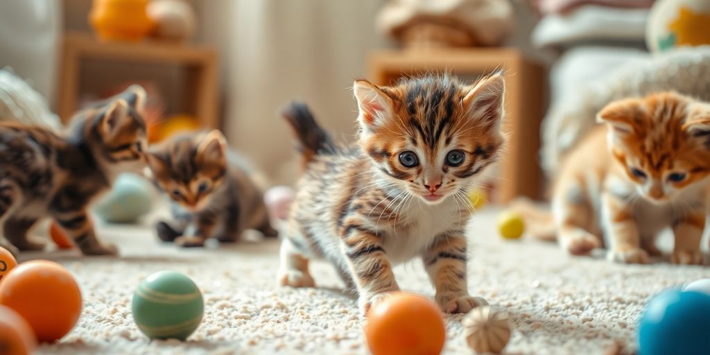 Playful kittens interacting in a warm, inviting space.