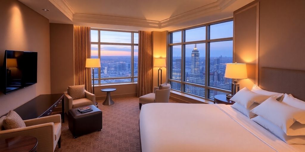 Luxurious presidential suite with elegant furnishings and city views.