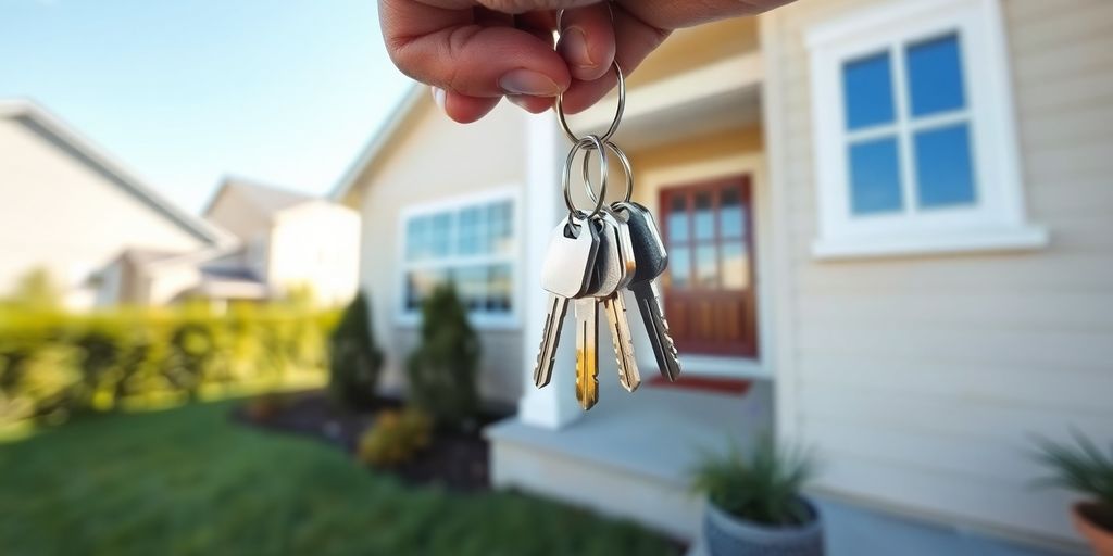 Keys in hand, new house, bright sunny day