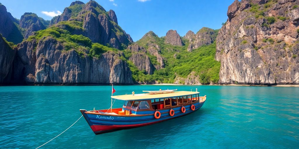 Boat anchored in beautiful Komodo waters with lush cliffs.