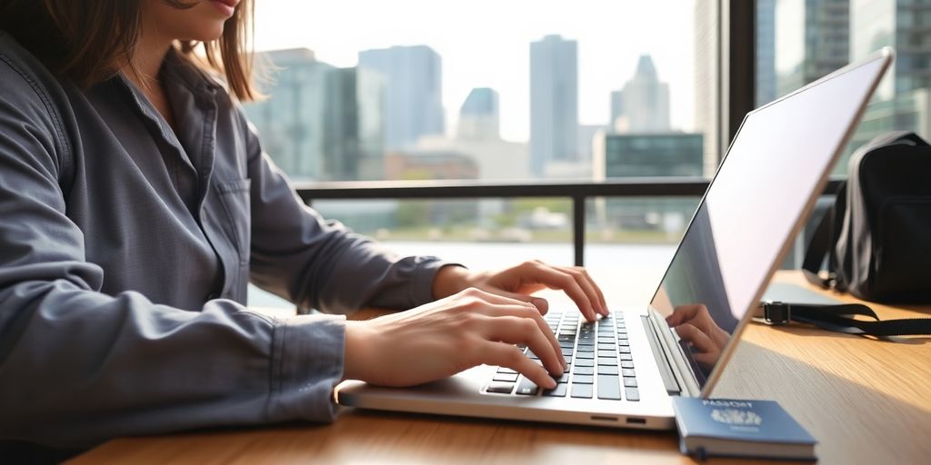 Digital nomad on laptop, blurred cityscape background
