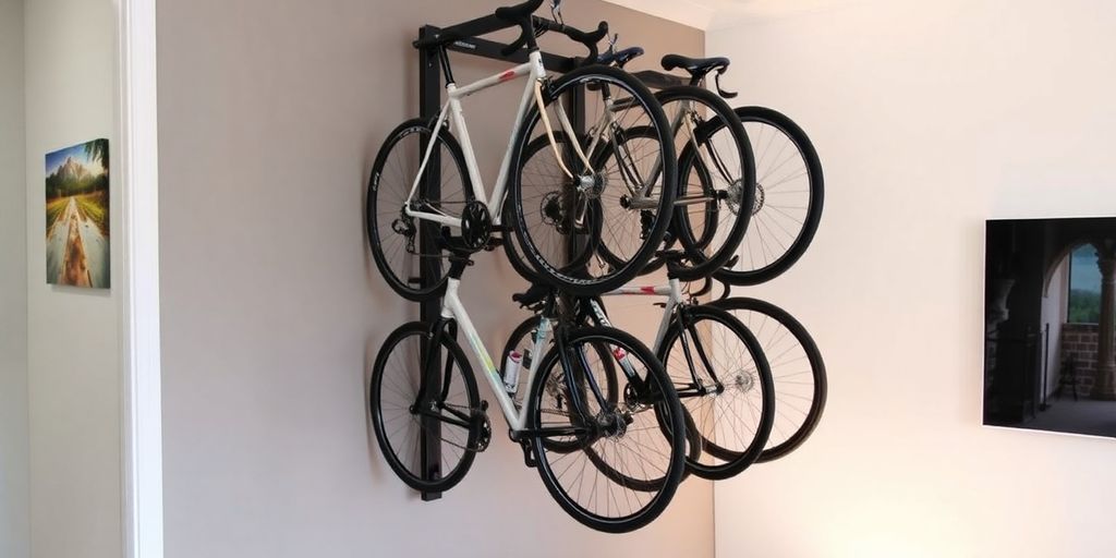 Modern bike storage rack with multiple bikes organized.
