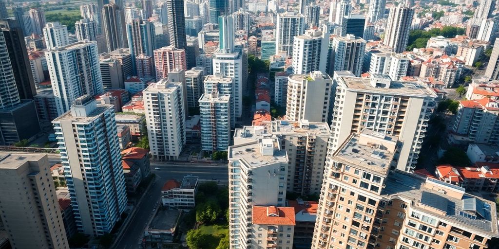 Vista aérea de una ciudad con edificios en alquiler.