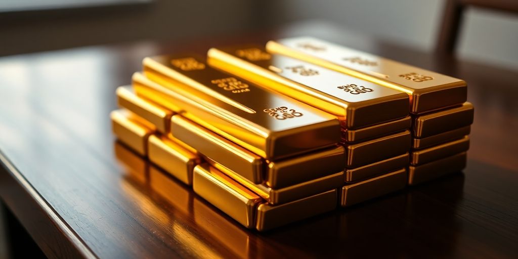 Lingots d'or empilés sur une table en bois