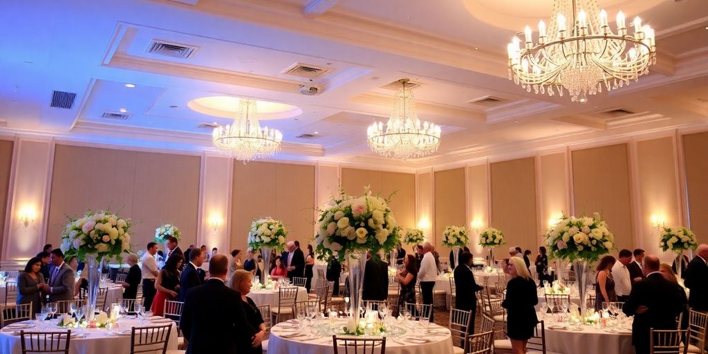 Elegant wedding reception hall with natural light and floral arrangements.