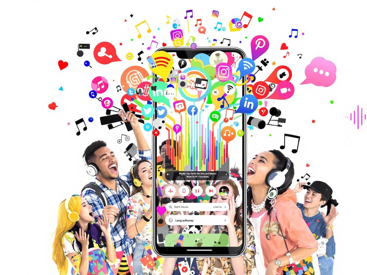 Diverse people enjoying music on headphones with vibrant colors.
