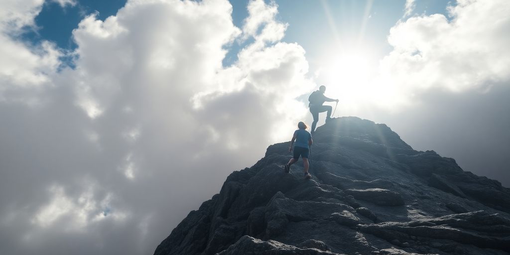A climber ascending a mountain under bright sunlight.