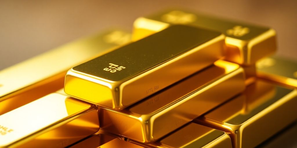 Lingots d'or empilés, éclairés par une lumière chaude.