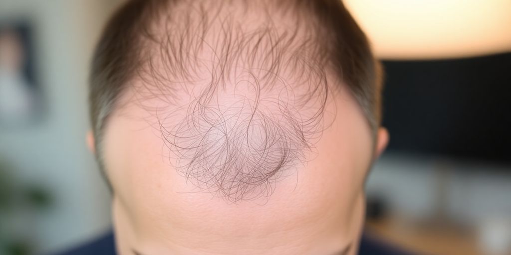 Man with thinning hair on the sides of his head.