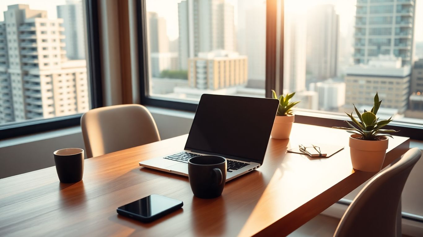 Modern workspace with laptop, coffee, plant, and city view