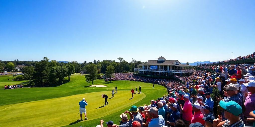 Golfers competing at a PGA Tour tournament with fans.
